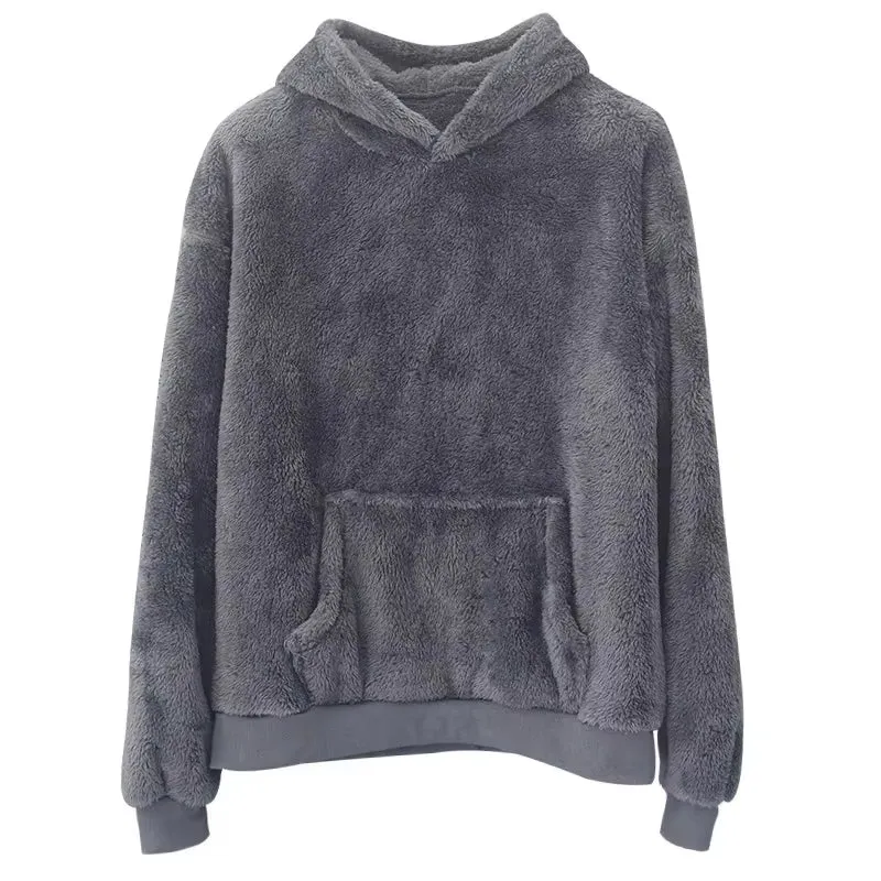 Winter Men'S Soft Warm Fleece Hooded Sweatshirt Solid Color Loose Casual Long Sleeve Pullovers with Pocket Fashion Streetwear